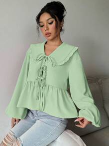 SHEIN Unity 个性领口灯笼袖前结荷叶边衬衫夏季女式衬衫 - 薄荷綠 - 查看 3