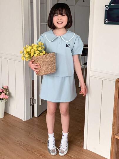 DAZY 2pcs Tween Girl Doll Face Knitted Printed Short Sleeve T-Shirt + Knit Skirt Set, Summer,Back To School Clothes