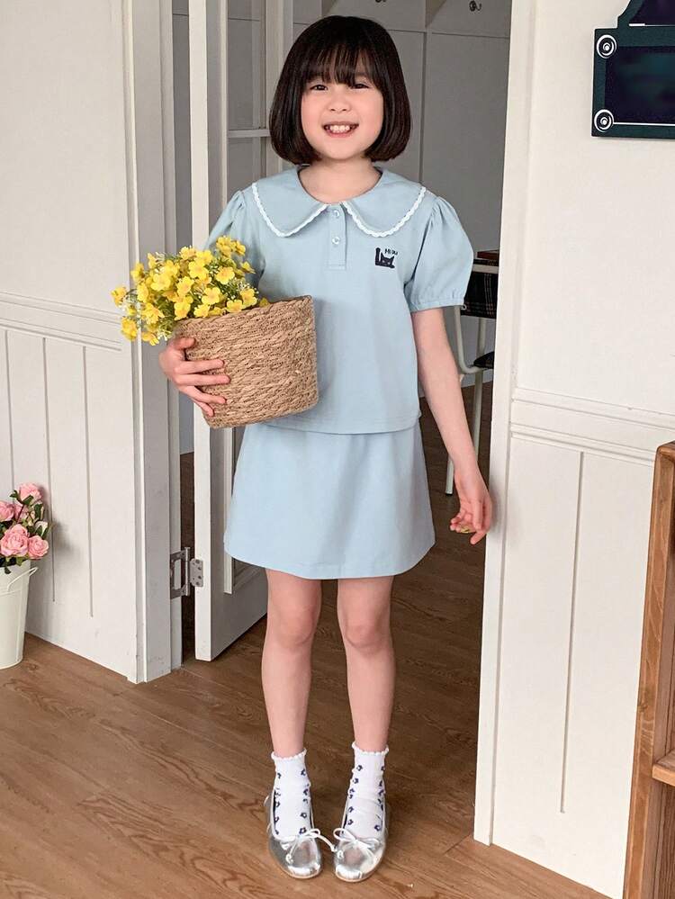 2pcs Tween Girl Doll Face Knitted Printed Short Sleeve T-Shirt + Knit Skirt Set, Summer,Back To School Clothes