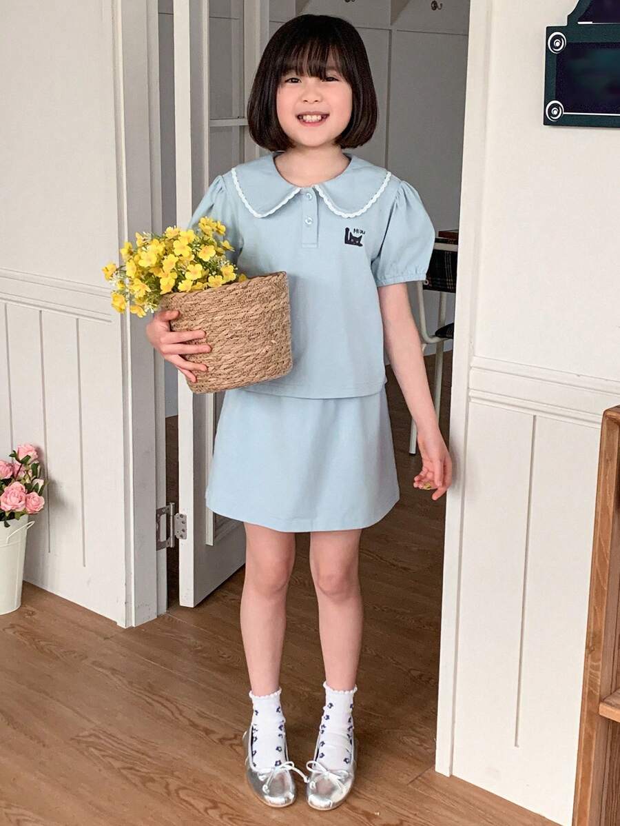 DAZY 2pcs Tween Girl Doll Face Knitted Printed Short Sleeve T-Shirt + Knit Skirt Set, Summer,Back To School Clothes - Blue - View 1