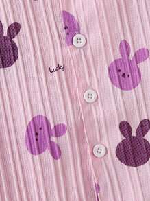 2 件装少女可爱兔子荷叶边印花短袖上衣和裤子家居服套装，紫色