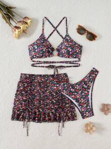 Swim Mod 3pcs Women Summer Vacation Beach Ditsy Floral Bikini Set - Multicolor - View 1