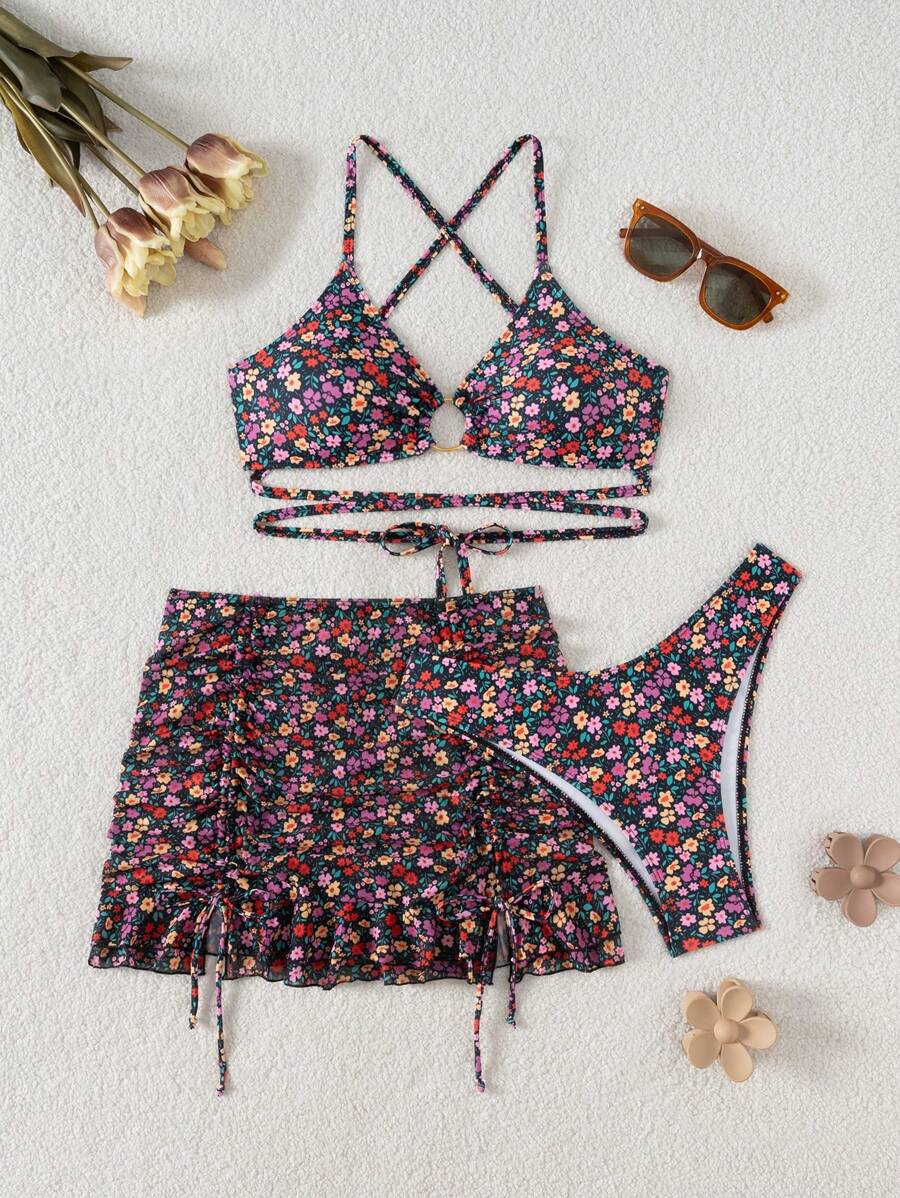 Swim Mod 3pcs Women Summer Vacation Beach Ditsy Floral Bikini Set - Multicolor - View 1