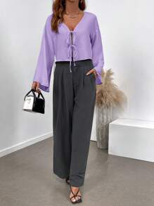 INAWLY Camisa de mujer con cuello en V púrpura, de manga larga y con lazo delantero, primavera - Púrpura malva - Ver 3