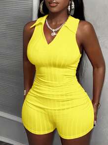 Slaydiva New Casual Street Style Ribbed Knit Skinny Short Jumpsuit - Yellow - View 5