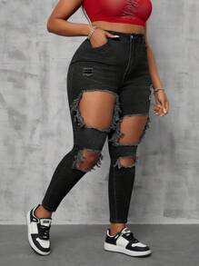 Slaydiva Plus Size Women Stretchy Blue Denim Ripped Skinny Jeans Women Spring Old Money - Black - View 7