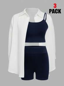 Modmama Pregnant Women Solid Color Long Sleeve Shirt, Camisole, And Shorts Casual Outfit - Navy Blue - View 1