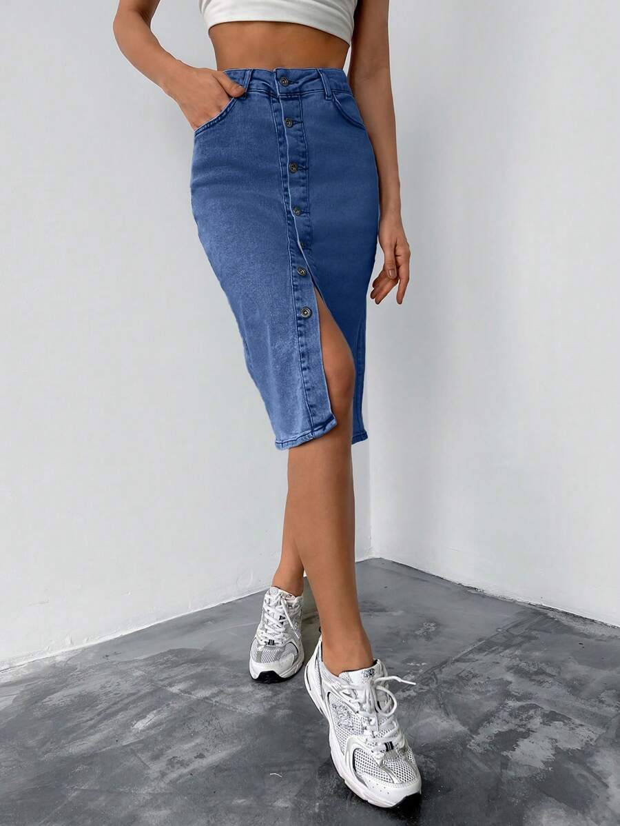 EURMUSE Women's Casual Washed Front Button Fitted Denim Mini Skirt - Medium Wash - View 1