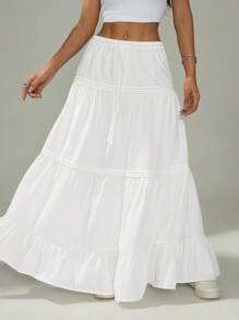 SHEIN PETITE 女式纯色腰带荷叶边下摆休闲裙 - 白色 - 查看 1