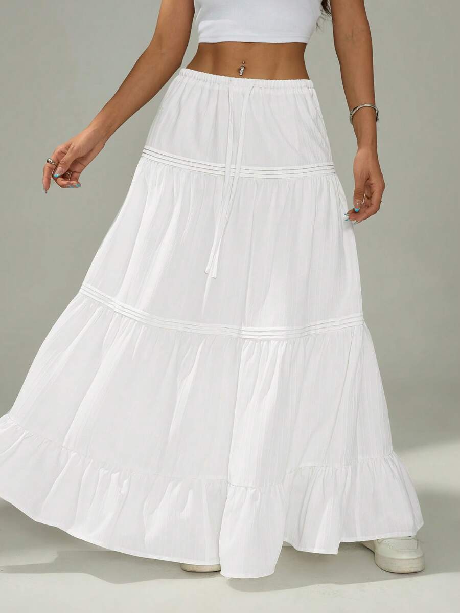 SHEIN PETITE 女式纯色腰带荷叶边下摆休闲裙 - 白色 - 查看 1