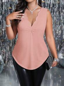 SHEIN Clasi Women's Versatile Ruched Floral Collar Knitted Tank Top - Pink - View 3