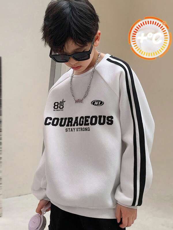 SHEIN Tween Boys Casual Korean Cute Letter Print Sleeve Patch Crew Neck Knit Sweatshirt,In Fall/Winter