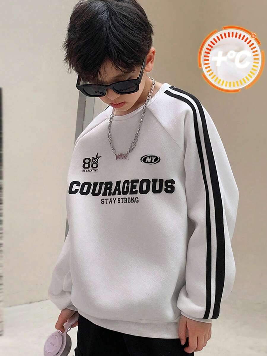 SHEIN 青少年男孩休闲韩版可爱字母印花袖子贴布圆领针织运动衫 - 白色 - 查看 1
