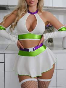 音乐节性感服装 - 露背文胸、分层迷你裙套装（带袖袖）和渔网袜（8 件套） - 彩色 - 查看 3