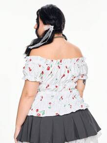 ROMWE Kawaii Plus Size Women Retro Cottagecore Cherry Embroidered Off Shoulder Lace Trim Blouse - White - View 6