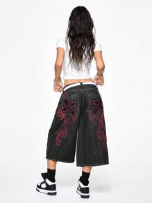 ROMWE Grunge Punk Jeans de mezclilla de talle bajo, holgados, de estilo callejero vintage con bordado de vid y cruz - Negro - Ver 3