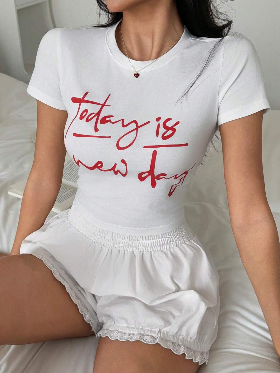 DAZY Letter Print Crop Top And Ruffled Lantern Hem Shorts 2pcs Pajama Set For Women - White - View 1