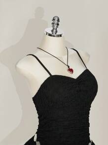 SHEIN ICON Plus Size Women Solid Color Pleated Spaghetti Strap Asymmetrical Hem Dress - Black - View 7