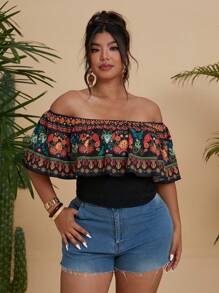 Flirla Plus Size Women Off Shoulder Ruched Floral Print Blouse, Elegant And Charming For Vacation, Gathering, Spring/Summer - Multicolor - View 6