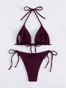 SHEIN Swim Solid Color Bikini Swimsuit Set - Halter Triangle Top & Cheeky Bottoms, For Beach Vacation For Summer