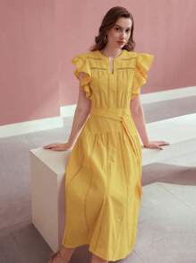 MOTF PREMIUM VESTIDO CON VOLANTES Y ENTALLADO CON CINTURÓN - Amarillo - Ver 3