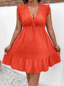 SHEIN Clasi Plus Size Summer Casual Textured Ruffle Hem Dress - Orange - View 5