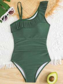 SHEIN 1pc Tween Girl One-Piece Swimsuit, Striped Fabric Flare Design Green Zipper Easy-To-Wear Children One-Piece Swimwear, Fashion Casual Elegant Ladylike Suitable For Swimming, Vacation, Summer. One-Piece Summer Swimsuit, Olive Green Color, Elegant, Adjustable Strap, Ruffle Trim, Hollow-Out Side & Back Tween Summer Cloths Tween Summer Clothes Girls Tween Kid Girl Clothes Tween Girl Clothes 14y - Olive Green - View 2