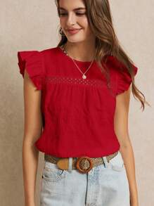 Poéselle Mùa cưới nghỉ hè, Áo cánh trơn viền bèo nhún tuyệt đẹp, Mùa hè, Áo dễ thương, Lãng mạn thanh lịch, Phong cách Boho Chic, Phong cách thường ngày, Thiết yếu, Mùa hè, Mùa cưới - Đỏ - Xem 6