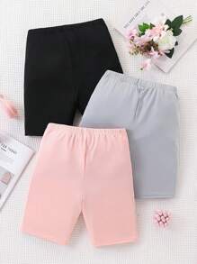 SHEIN 青少年女孩 3件組休閒寬鬆舒適短款緊身褲組合，粉色、黑色、灰色，單車褲，夏季簡約開學騎行運動 - 彩色 - 查看 2