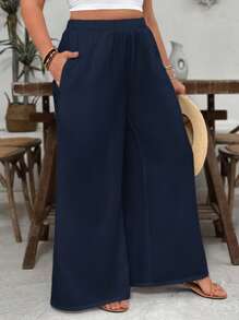 SHEIN VCAY 加大码白色纹理面料宽松休闲阔腿裤，带口袋，适合海滩度假、情人节 - 藏蓝色 - 查看 4