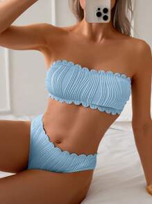 SHEIN Swim 2 pezzi/set costume da bagno bikini a fascia tinta unita con decorazione a conchiglia e laccio sul retro, per donne, adatto per l'estate e la spiaggia