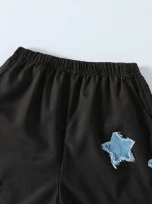 Tween Boys Fashion Cool Casual Embroidered Star Loose Shorts, Suitable For Sports And Outdoor, Spring/Summer - Black - View 6