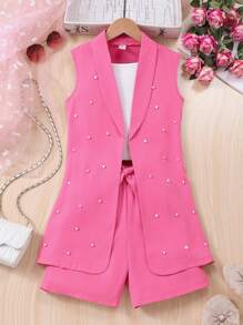3pcs/Set Tween Girl Rose Red Sleeveless Jacket, White Tank Top & Casual Shorts, Spring & Summer,Holiday,Summer,Travel - Hot Pink - View 1