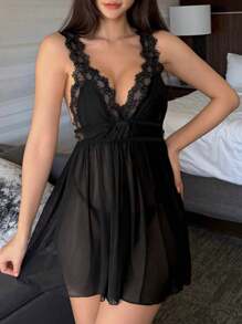 DAZY 2pcs/Set Lace Contrast Mesh Backless Halter Nightgown & G-String Lingerie Set, Sexy - Black - View 8