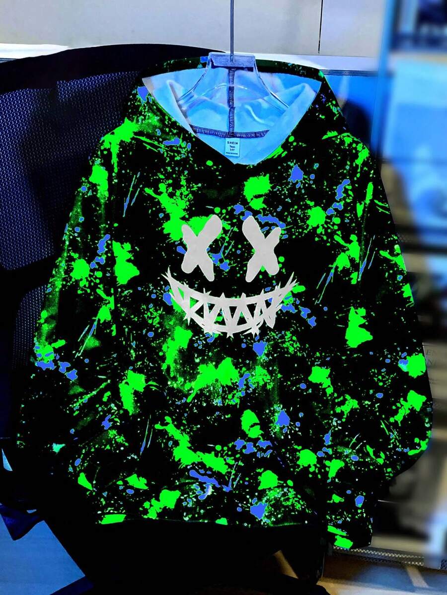 SHEIN Áo nỉ dài tay dày dặn, in hình graffiti mặt cười hiệu ứng đèn đêm vui nhộn dành cho thiếu niên nam, thích hợp cho mùa thu/đông. - màu xanh lá - Xem 1