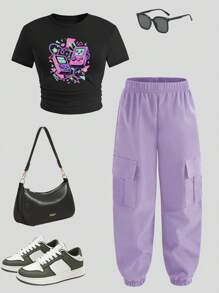 青少年女孩夏季休闲电子游戏印花短袖 T 恤和工装裤套装 - 黑色 - 查看 2