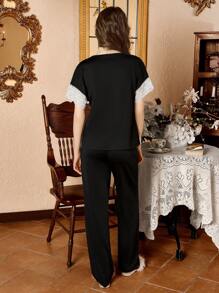 Elegant Lace Trim Color Block Women Pajama Sets - Black - View 2
