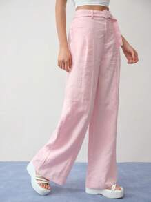 MOTF STUDIO Pantalones anchos de pierna ancha con bolsillos en ángulo, cinturón y pliegues, 100% lino, para uso diario