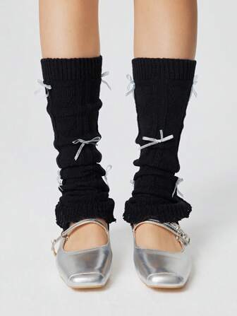 Kawaii 1 Paar Damen Bein Wärmer mit Vanille Girl Thema, glänzender Schleife, Rüschen und Herz-Muster, einfarbig, ganzjährig
