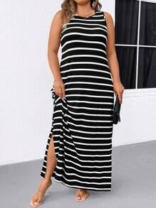 SHEIN LUNE Spring, Summer, Autumn Elegant Commuting Casual Women's Fashion Versatile Bestselling Striped Floral Pattern Fabric Round Neck Sleeveless Split Long Design Black & White Dress, Plus Size - Black and White - View 1