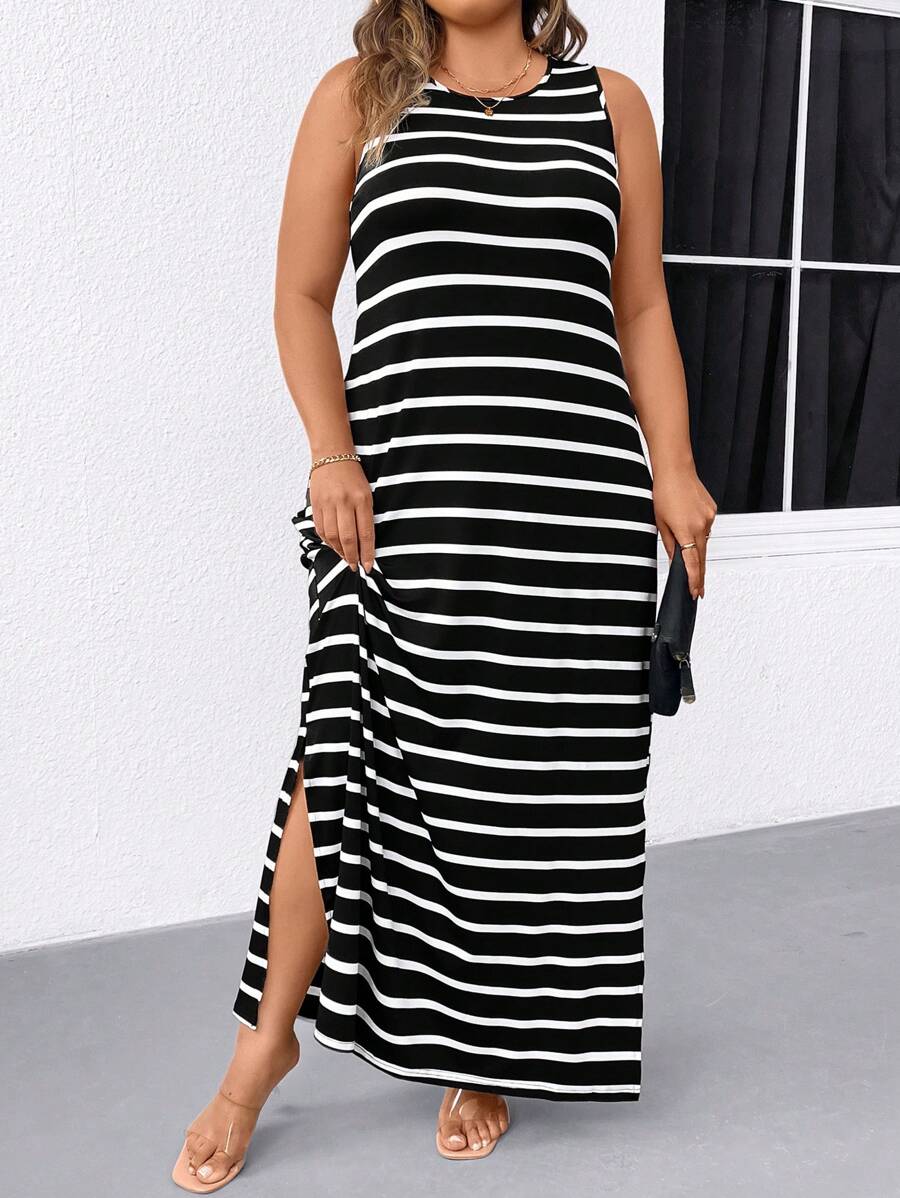 SHEIN LUNE Spring, Summer, Autumn Elegant Commuting Casual Women's Fashion Versatile Bestselling Striped Floral Pattern Fabric Round Neck Sleeveless Split Long Design Black & White Dress, Plus Size - Black and White - View 1