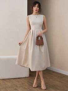 CLARA VERO Urban Chic Boat Neck Pleated Wide Circle Hem Timeless Midi Dress - Champagne - View 1