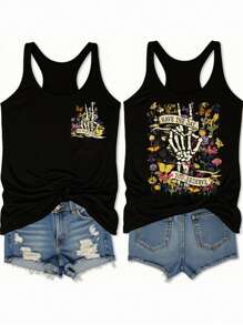 SHEIN LUNE Áo ba lỗ in họa tiết hoa và xương tối giản cho lễ hội âm nhạc cỡ lớn, phù hợp cho mùa hè, buổi hòa nhạc - màu đen - Xem 1