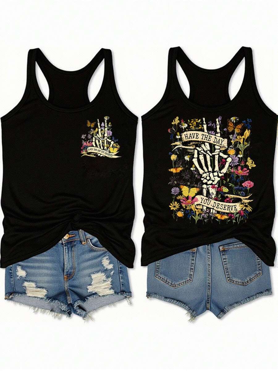 SHEIN LUNE Áo ba lỗ in họa tiết hoa và xương tối giản cho lễ hội âm nhạc cỡ lớn, phù hợp cho mùa hè, buổi hòa nhạc - màu đen - Xem 1