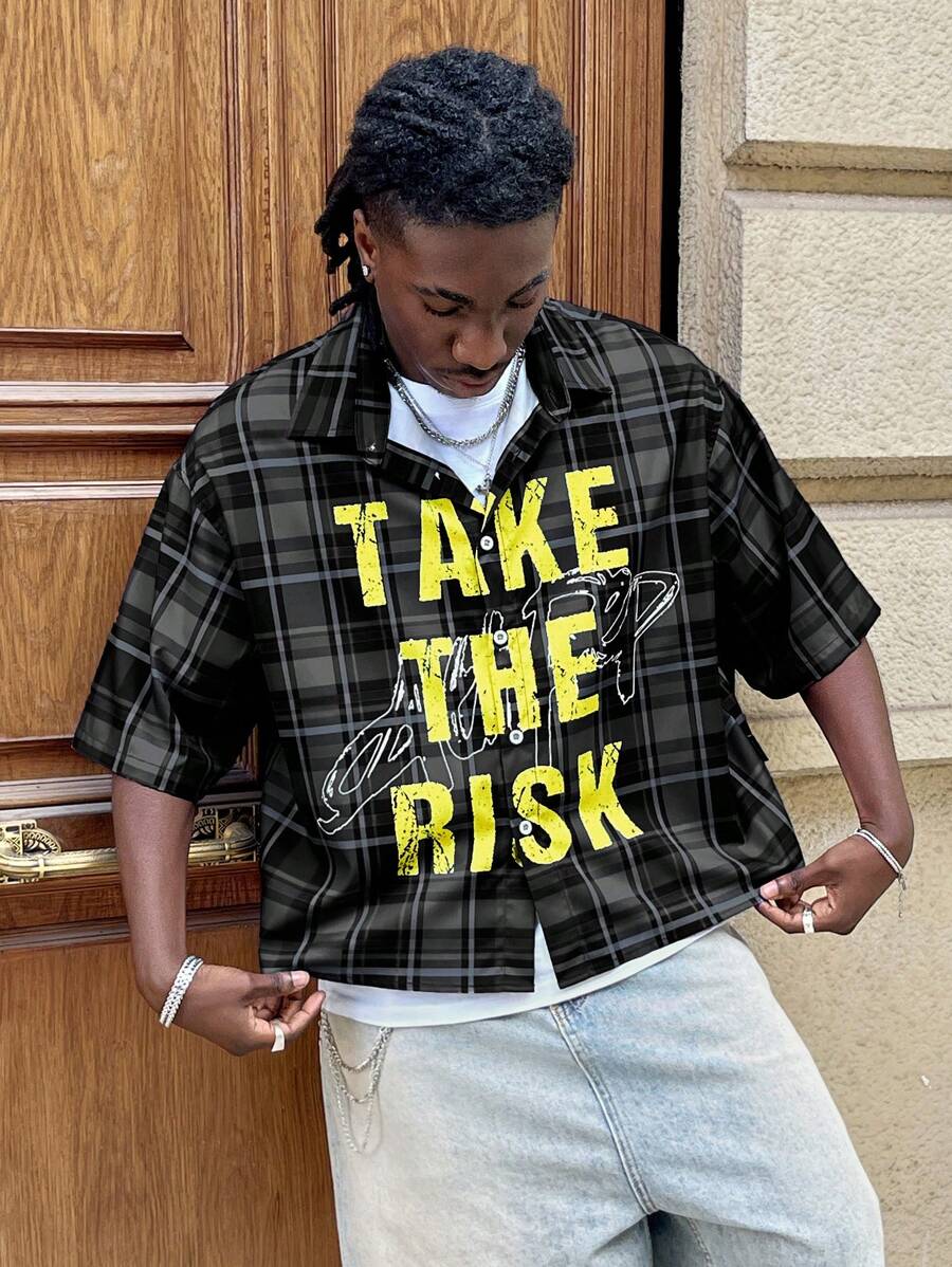 AXEPEAK 男士宽松数码印花格子短袖休闲衬衫，适合街头潮流，秋季 - 黑色 - 查看 1