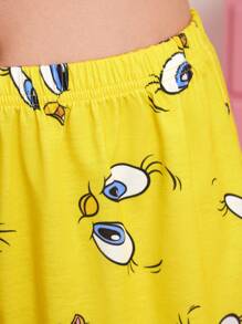 LOONEY TUNES X SHEIN 女士可爱崔弟鸟印花短袖上衣和短裤睡衣套装，夏季休闲