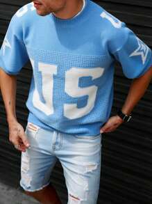 Manfinity Homme 男士休闲数字图案圆领短袖针织上衣 - 藍色 - 查看 6