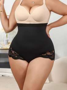 SHEIN Plus Size Women Lace Splice Shaping Tummy Control Pants - Black - View 6