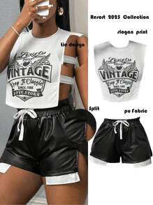 Slaydiva Nouveau débardeur de rue décontracté printemps et été à col rond sans manches avec logo blanc imprimé ailes anglaises sur les côtés tronqués et perforés. Jeu de deux pièces femmes comprenant ce top et une mini-jupe bicolore noire et blanche en PU ajustée - Multicolore - Voir 1