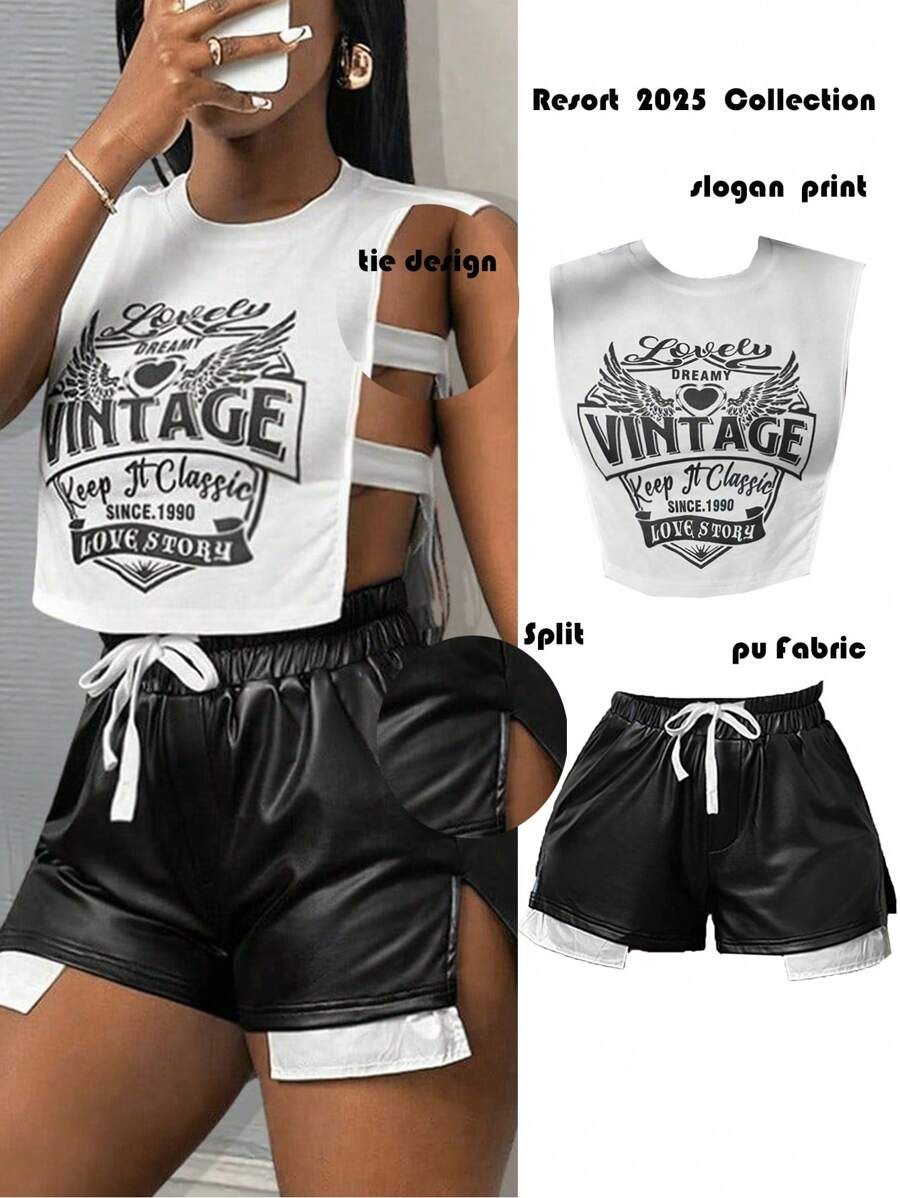Slaydiva Nouveau débardeur de rue décontracté printemps et été à col rond sans manches avec logo blanc imprimé ailes anglaises sur les côtés tronqués et perforés. Jeu de deux pièces femmes comprenant ce top et une mini-jupe bicolore noire et blanche en PU ajustée - Multicolore - Voir 1